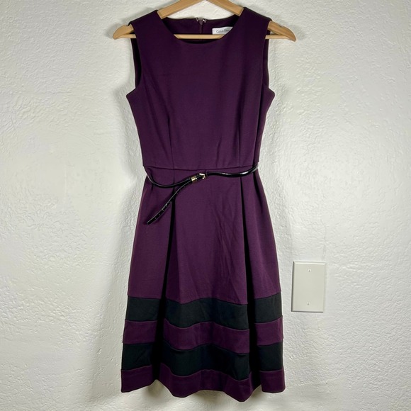 Calvin Klein Dresses & Skirts - Calvin Klein Sheath‎ Dress Purple Black Striped Belted Sleeveless Size 4P